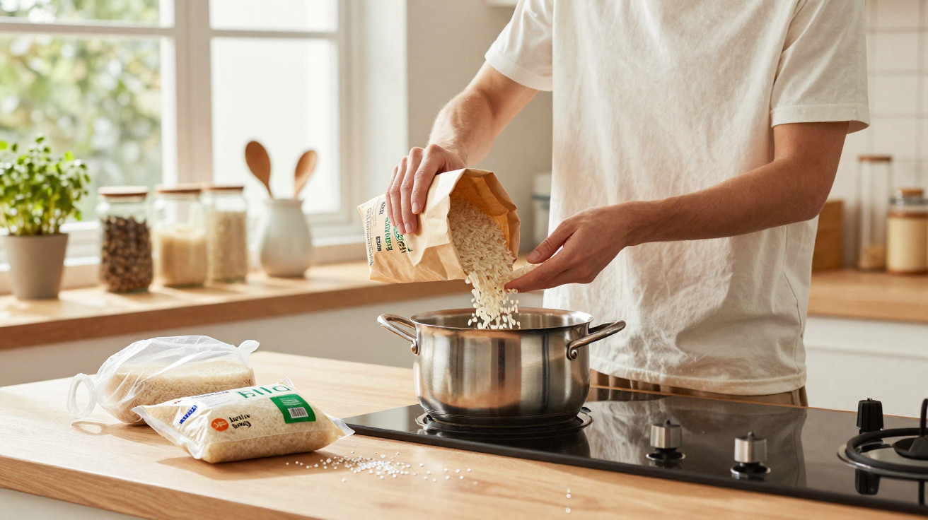 Pessoa a verter arroz de um pacote para uma panela numa cozinha luminosa e organizada.