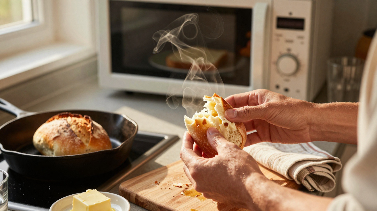 Mãos a partir um pão quente com vapor, pão na frigideira e manteiga sobre a bancada da cozinha.