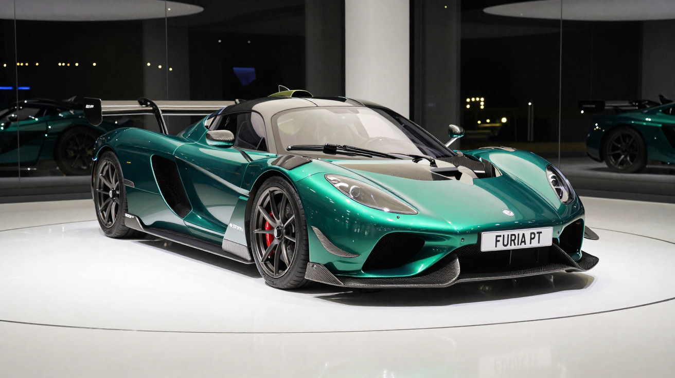 Carro desportivo verde metálico com design aerodinâmico exposto numa sala moderna e iluminada.