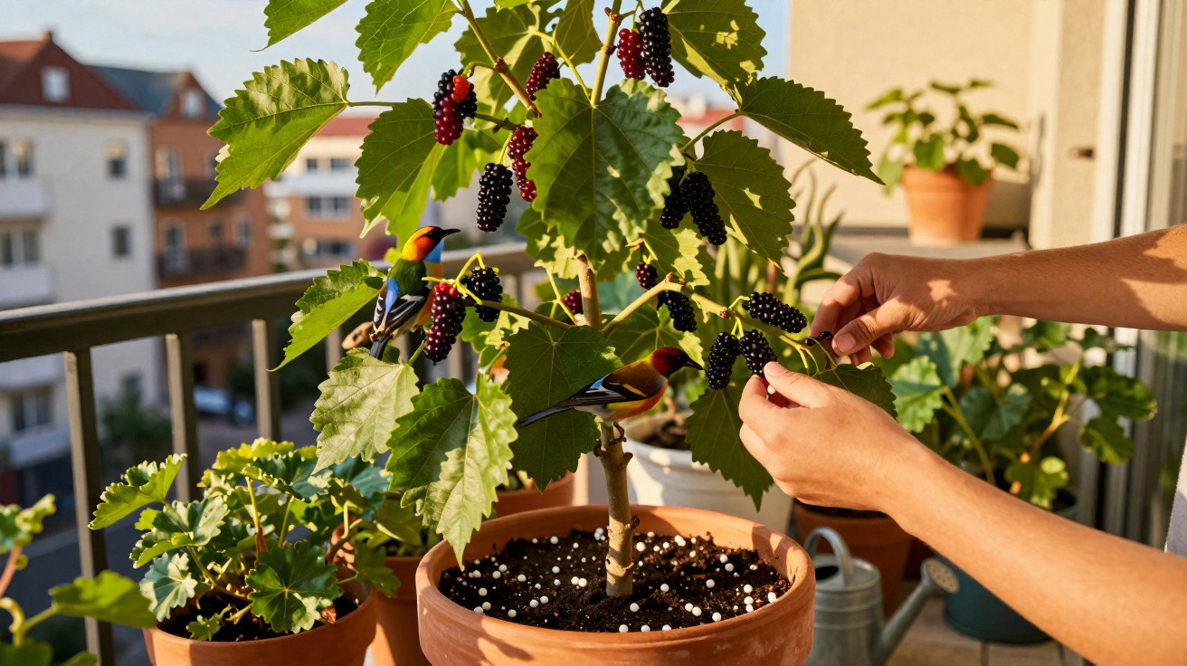Mãos colhem bagas negras numa planta em vaso numa varanda com pássaros coloridos entre as folhas verdes.