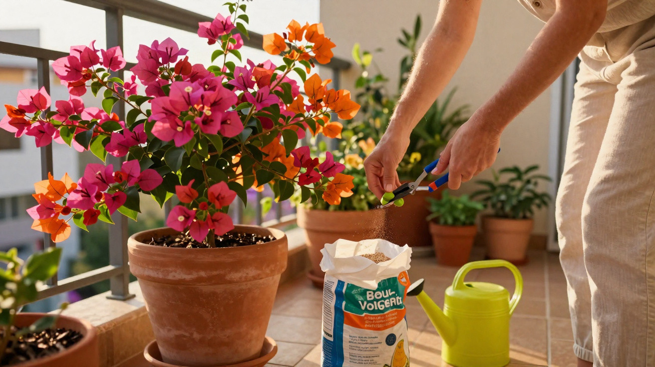Pessoa a cuidar das plantas num terraço, adubando flores coloridas em vasos de barro.