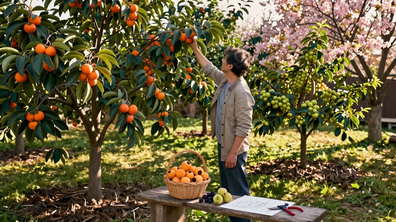 Homem a colher frutas laranjas de uma árvore num pomar com cesta cheia e frutos variados na mesa.