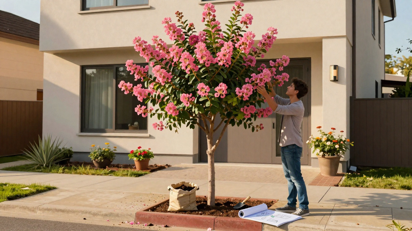 Homem a cuidar de árvore com flores rosa em frente a casa moderna num passeio urbano.