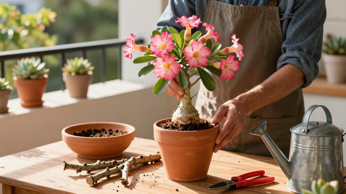 Pessoa a cuidar de planta florida num vaso de barro numa mesa com ferramentas de jardinagem.