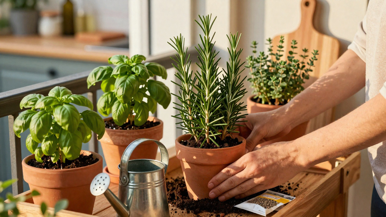 Mãos cuidam de plantas aromáticas em vasos de barro numa varanda ensolarada com regador metálico.