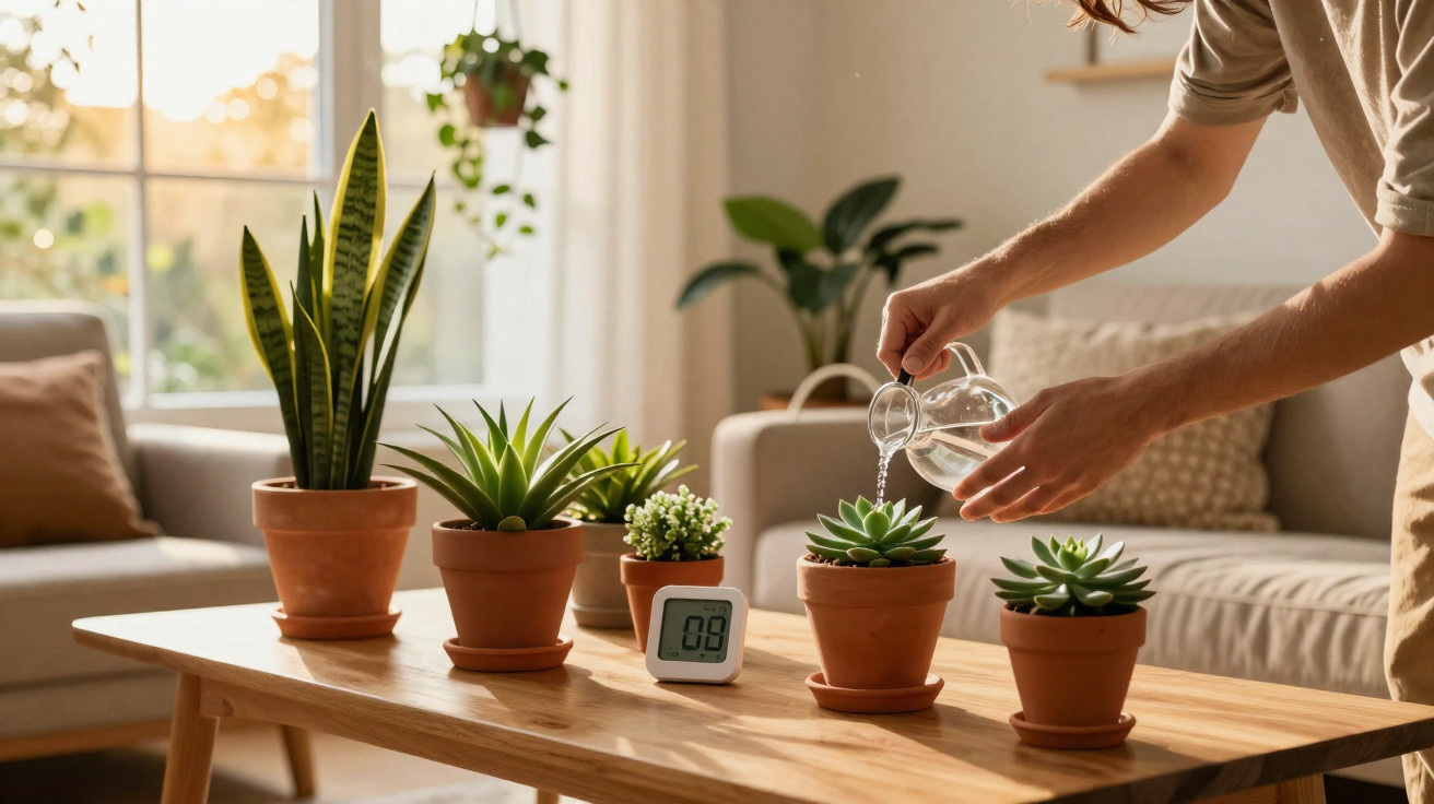 Pessoa a regar plantas suculentas em vasos de barro numa mesa de madeira numa sala iluminada.