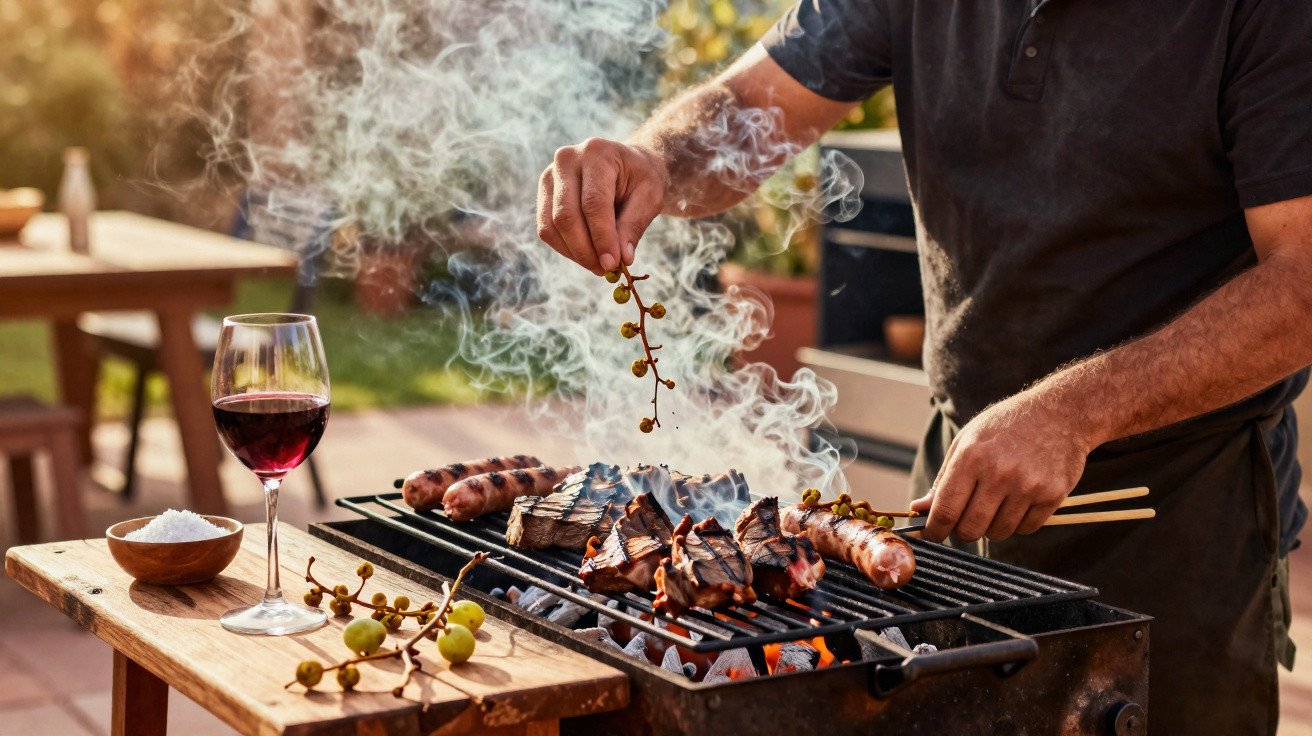Pessoa a temperar carne numa churrasqueira, com copo de vinho e cacho de uvas numa mesa ao lado.