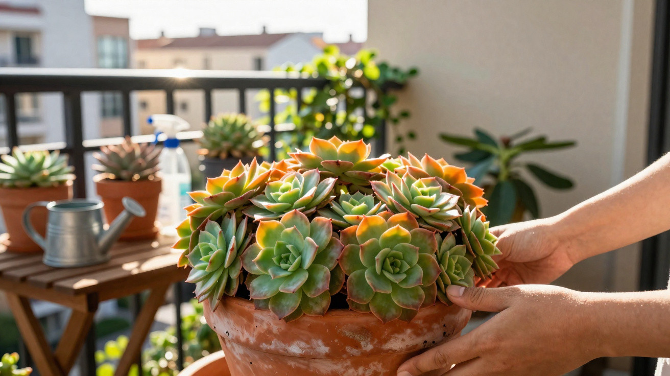 Mãos seguram vaso de barro com suculentas verdes e laranjas num terraço ensolarado com mais plantas ao fundo.
