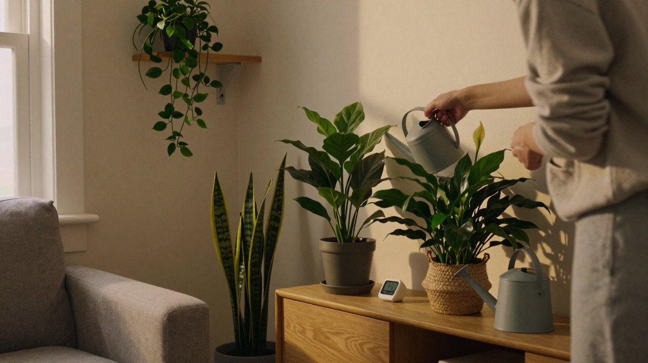 Pessoa a regar plantas domésticas num ambiente interior acolhedor com sofá e janela.