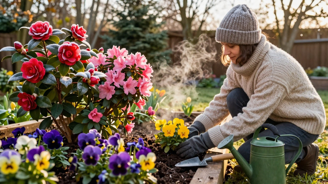 Mulher a cultivar flores num canteiro de jardim ao entardecer, com regador e enxada.