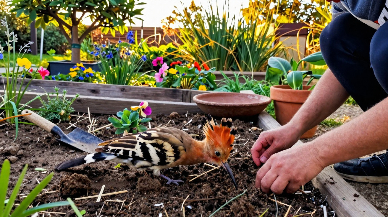 Pássaro com crista laranja no jardim junto a mãos humanas que mexem na terra.