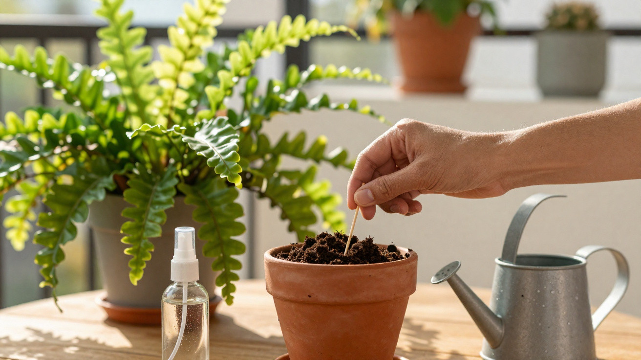 Mão a plantar semente em vaso de barro com regador e planta ao fundo numa varanda iluminada.