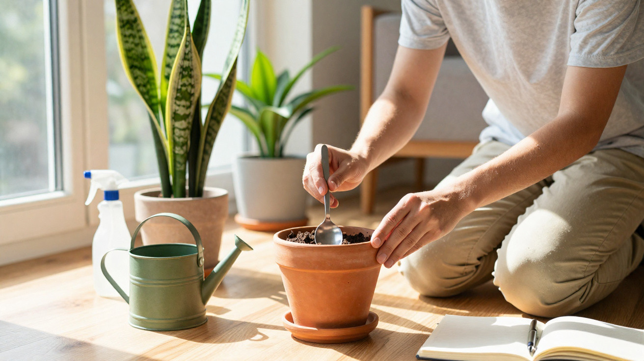 Pessoa a cuidar de uma planta em vaso de barro, com regador verde e caderno aberto ao lado.