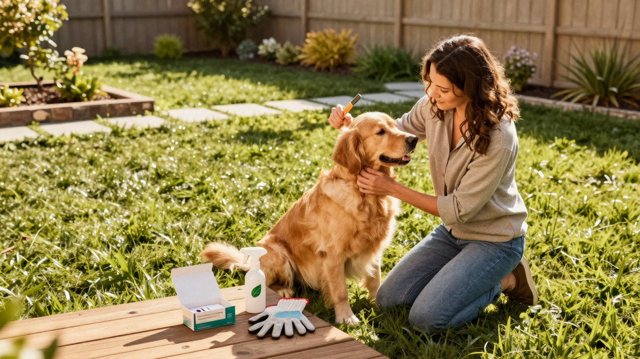 Mulher a pentear cão golden retriever num jardim com acessórios de cuidado animal ao lado.