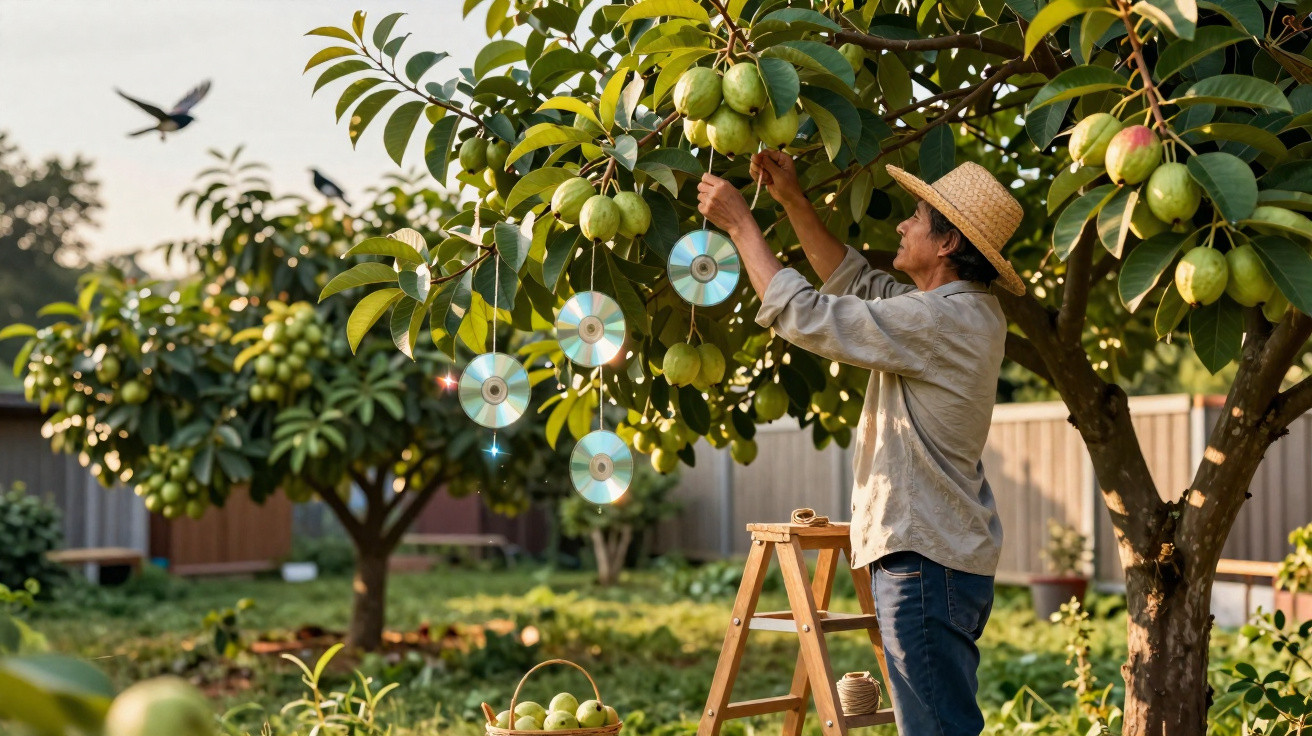 Homem a pendurar CDs numa árvore de frutos num pomar ao pôr do sol.