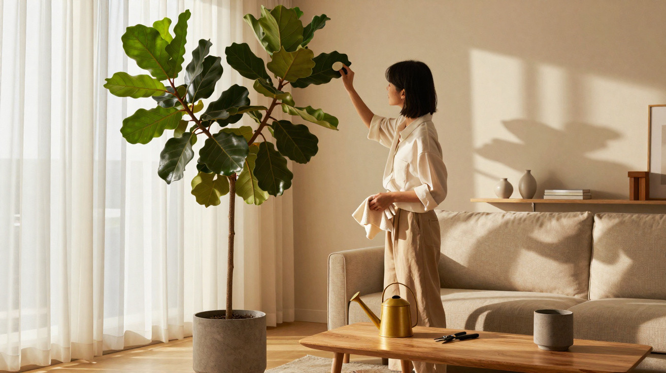 Mulher cuida de planta grande junto a sofá num sala iluminada por luz natural.