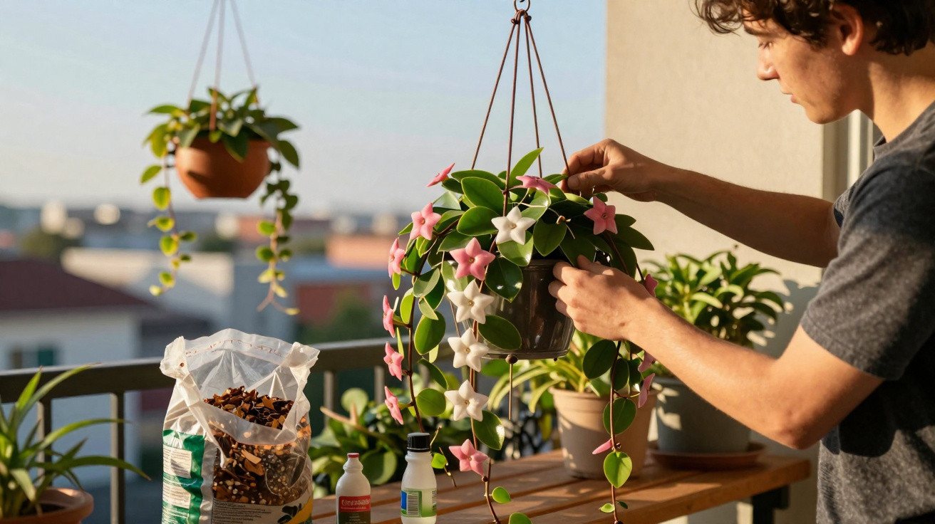Jovem a cuidar de planta florida pendurada numa varanda com outras plantas e produtos de jardinagem.
