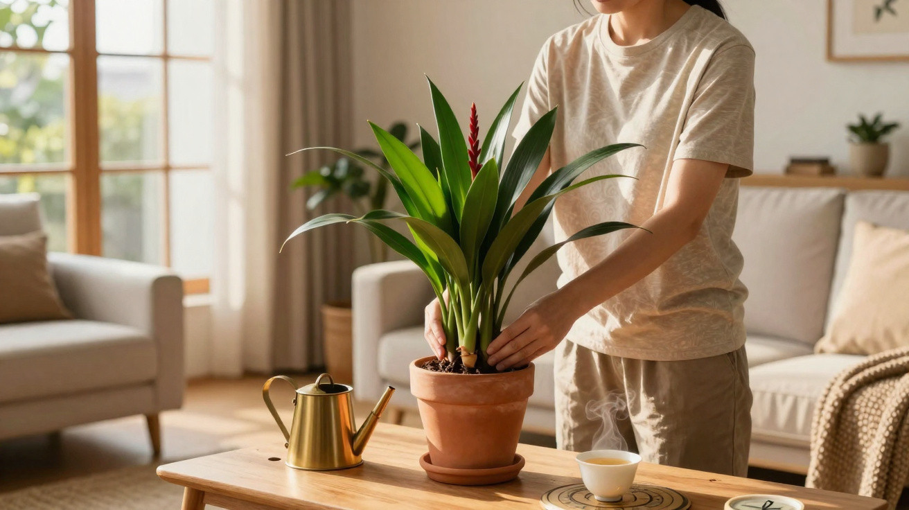 Pessoa a cuidar de planta em vaso num ambiente confortável com regador e chá numa mesa de madeira.