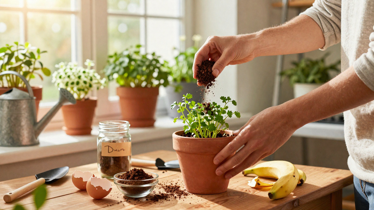 Mãos a adicionar terra a planta em vaso durante atividade de jardinagem interior, com ferramentas e bananas na mesa.