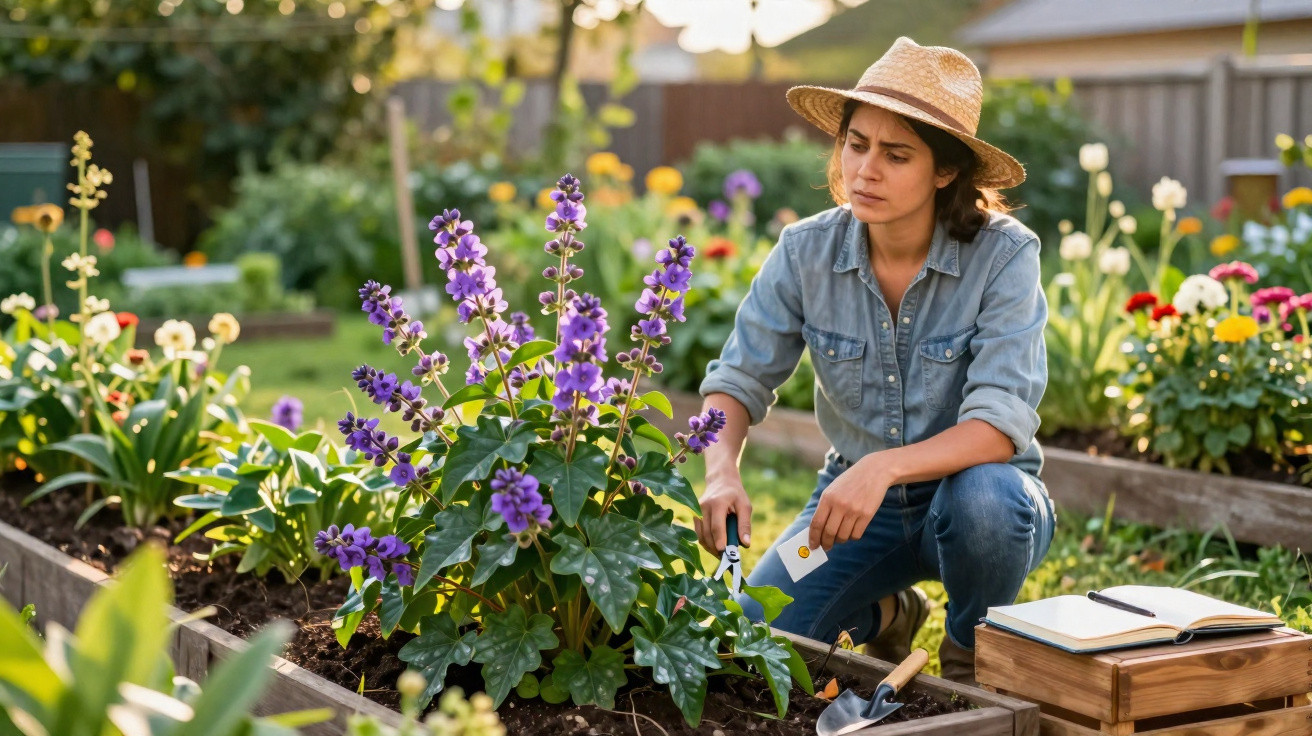 Mulher com chapéu de palha cuida de flores roxas num jardim com canteiros elevados e ferramentas de jardinagem.