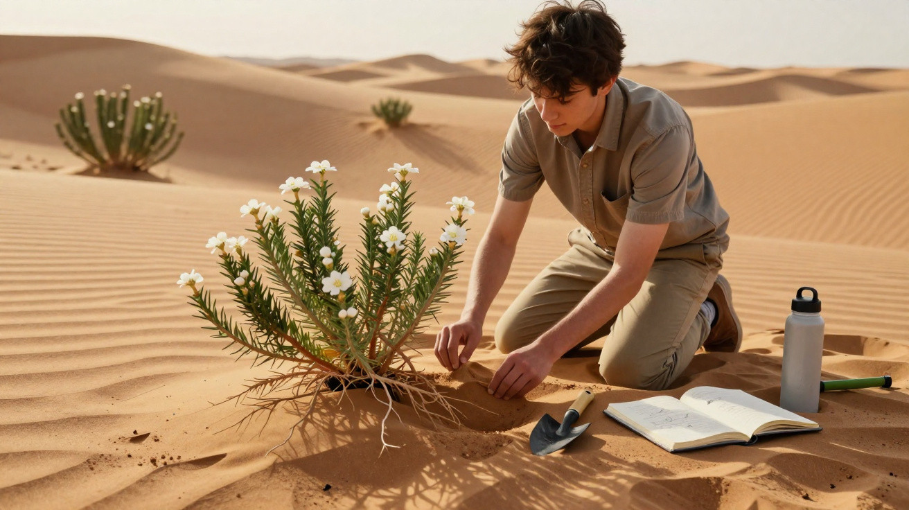 Jovem a estudar e a examinar planta com flores brancas numa área desértica de areia ondulada.