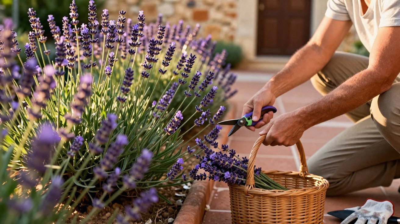 Pessoa a cortar flores de lavanda com tesoura e a colocá-las num cesto de verga num jardim exterior.