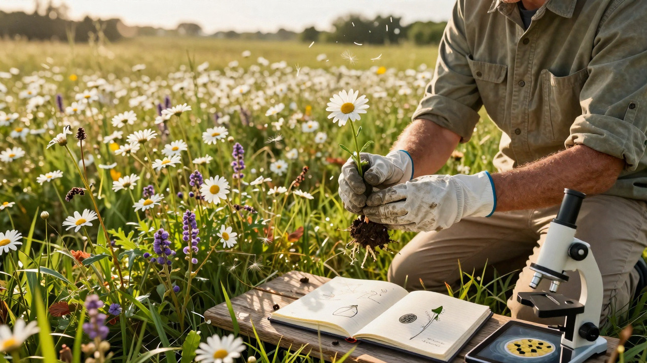 Pessoa numa floresta com luvas a segurar uma flor com raízes, com livro aberto e microscópio ao lado.