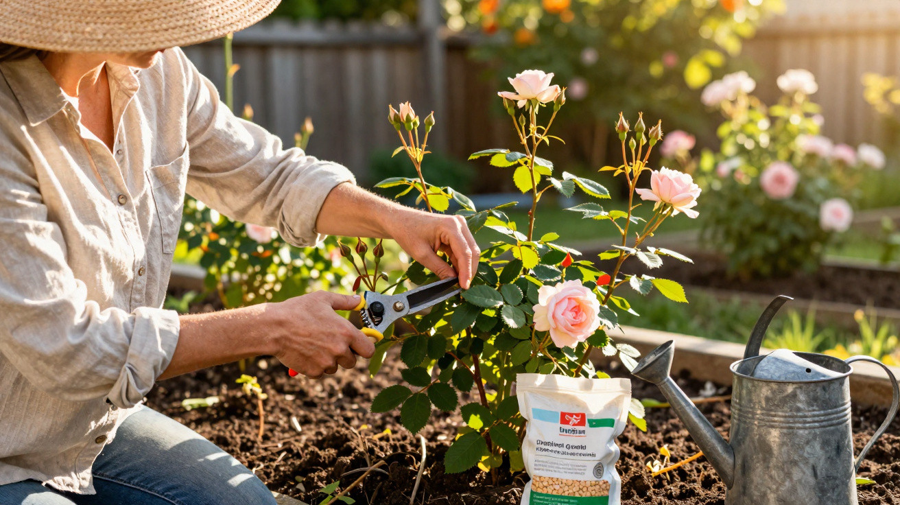 Pessoa a podar rosas cor-de-rosa num jardim com regador e saco de adubo ao lado.