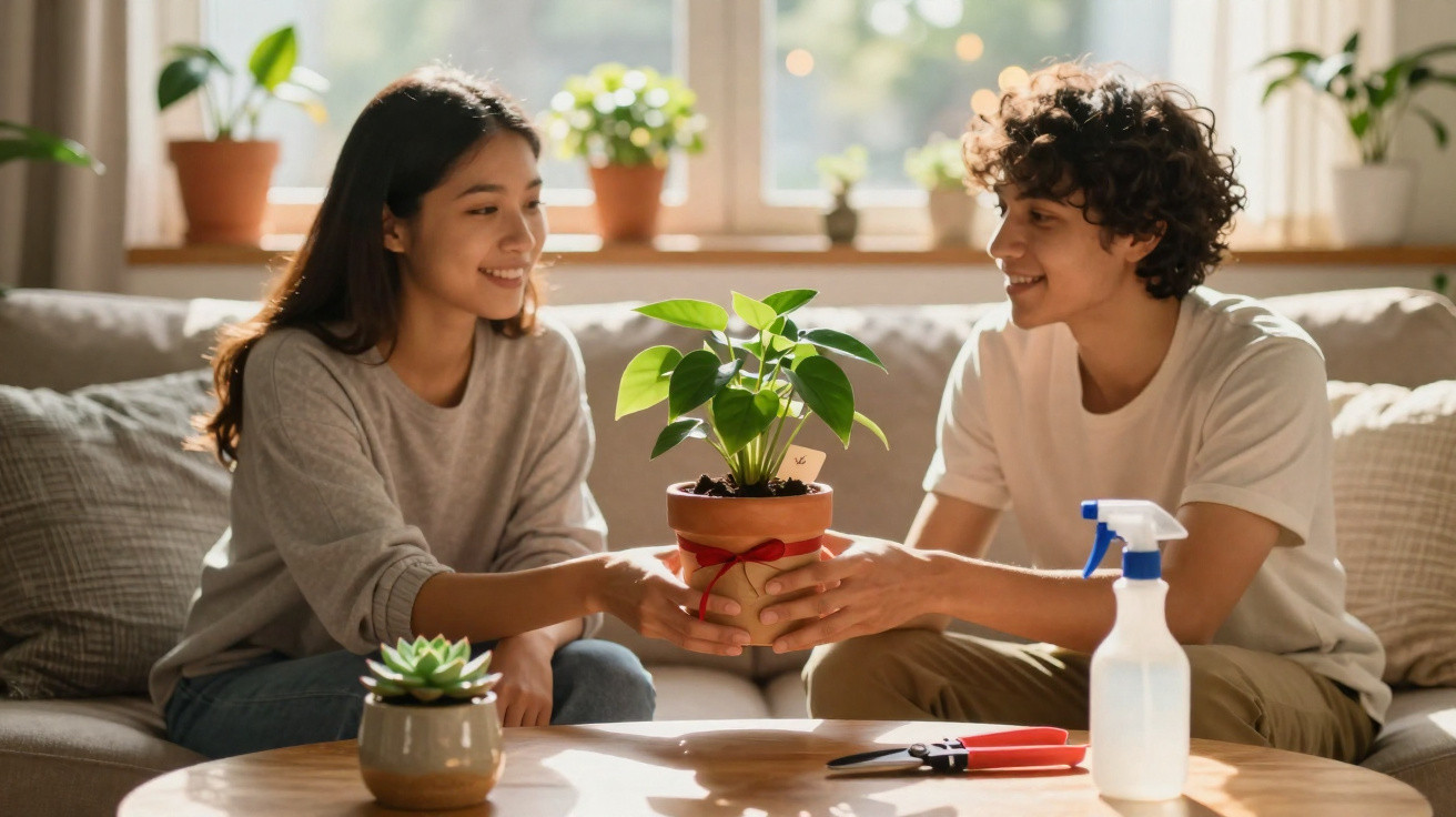 Duas pessoas sorridentes trocando uma planta em vaso num ambiente iluminado e acolhedor.