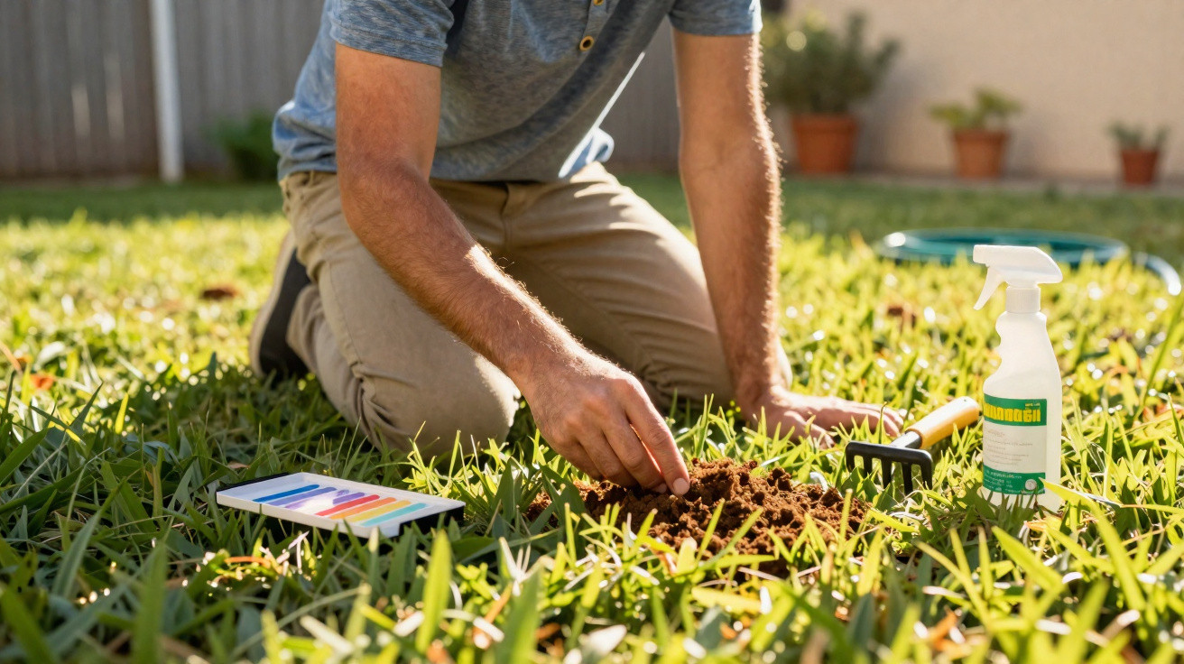 Pessoa agachada a preparar o solo de relva com ferramentas e pulverizador ao ar livre num jardim.