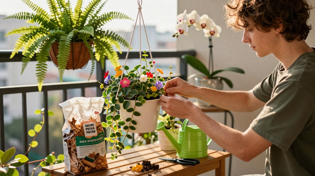 Pessoa a cuidar de planta pendurada numa varanda com várias plantas e utensílios de jardinagem.