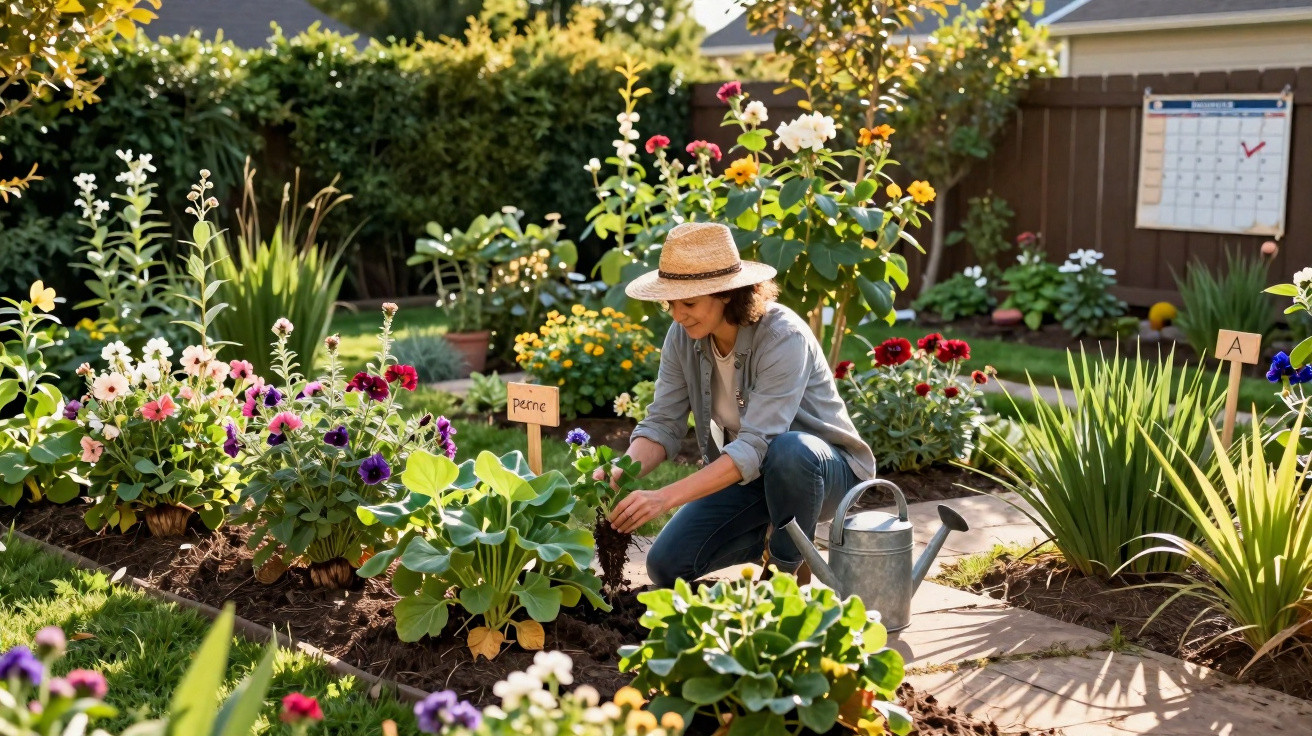 Mulher a cuidar do seu jardim com várias flores coloridas num dia ensolarado.