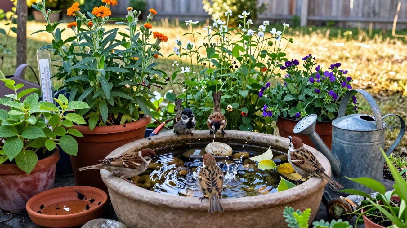 Pássaros a beber água numa fonte rodeada de vasos com flores e vasos de plantas num jardim ensolarado.