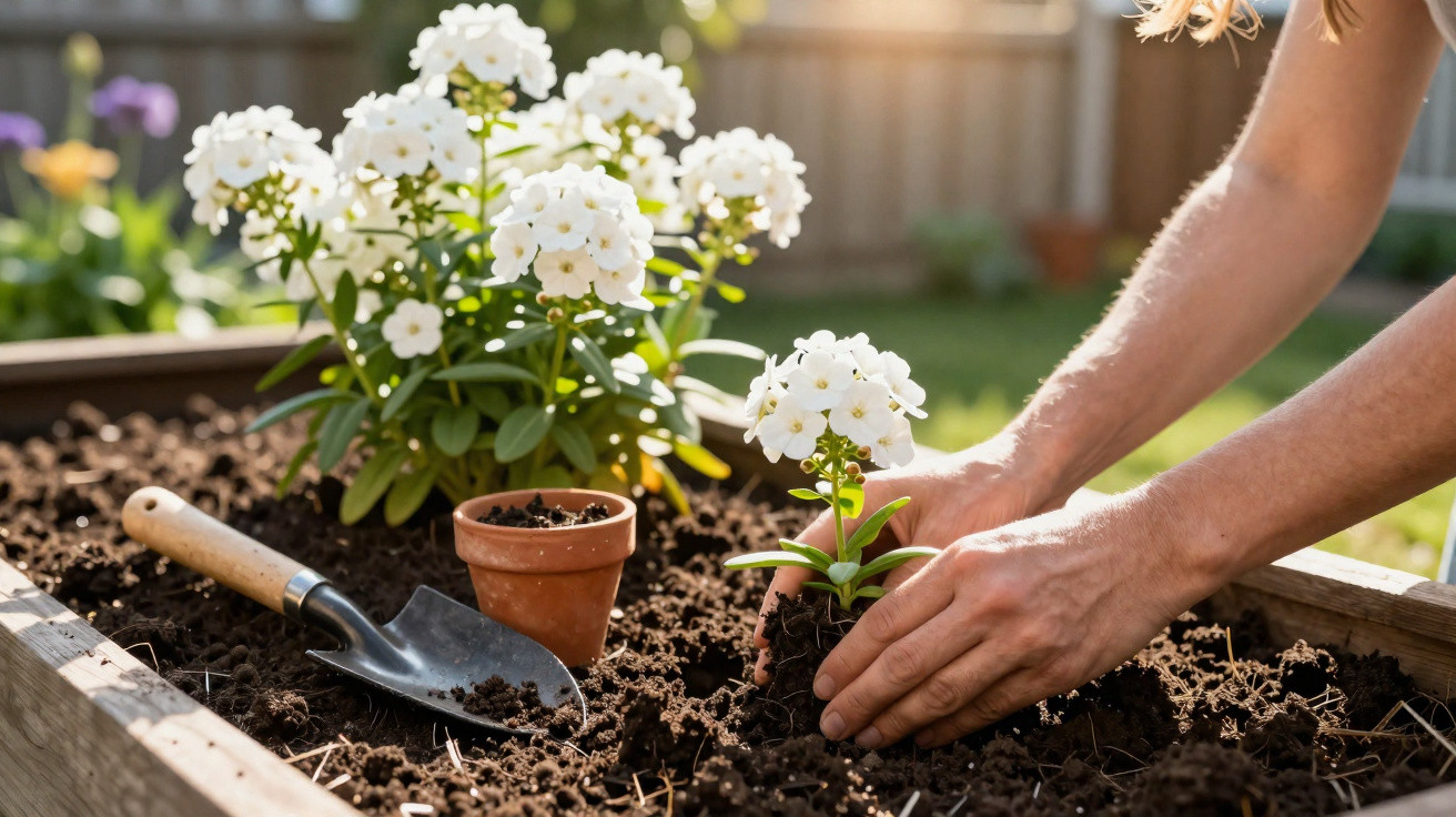 Pessoa a transplantar planta com flores brancas numa cama de hortas em terra fofa ensolarada.