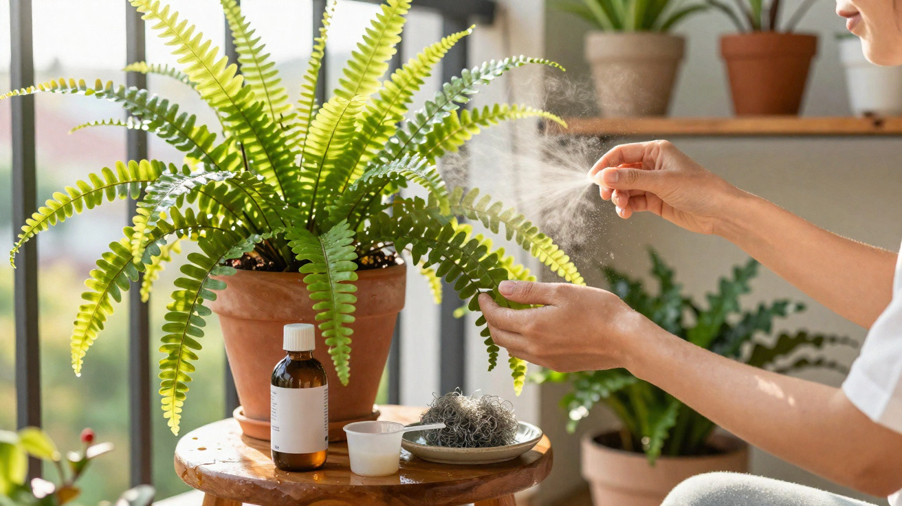Pessoa a pulverizar planta de interior com pulverizador, perto de vaso de samambaia num ambiente luminoso.