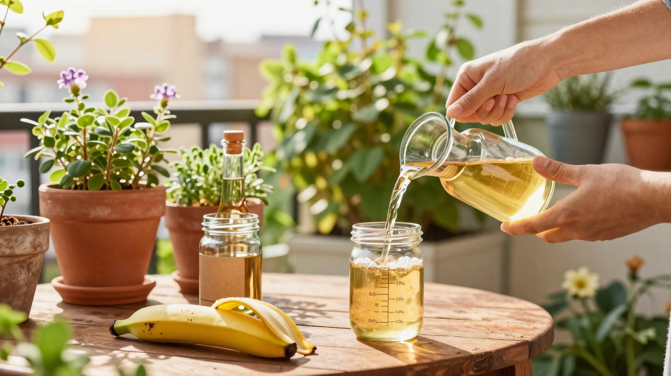 Pessoa a verter chá numa jarra de vidro numa mesa de madeira com plantas e bananas ao lado.