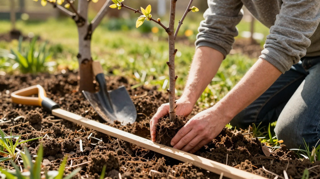 Pessoa a plantar uma muda de árvore no solo com ferramentas de jardinagem ao lado.