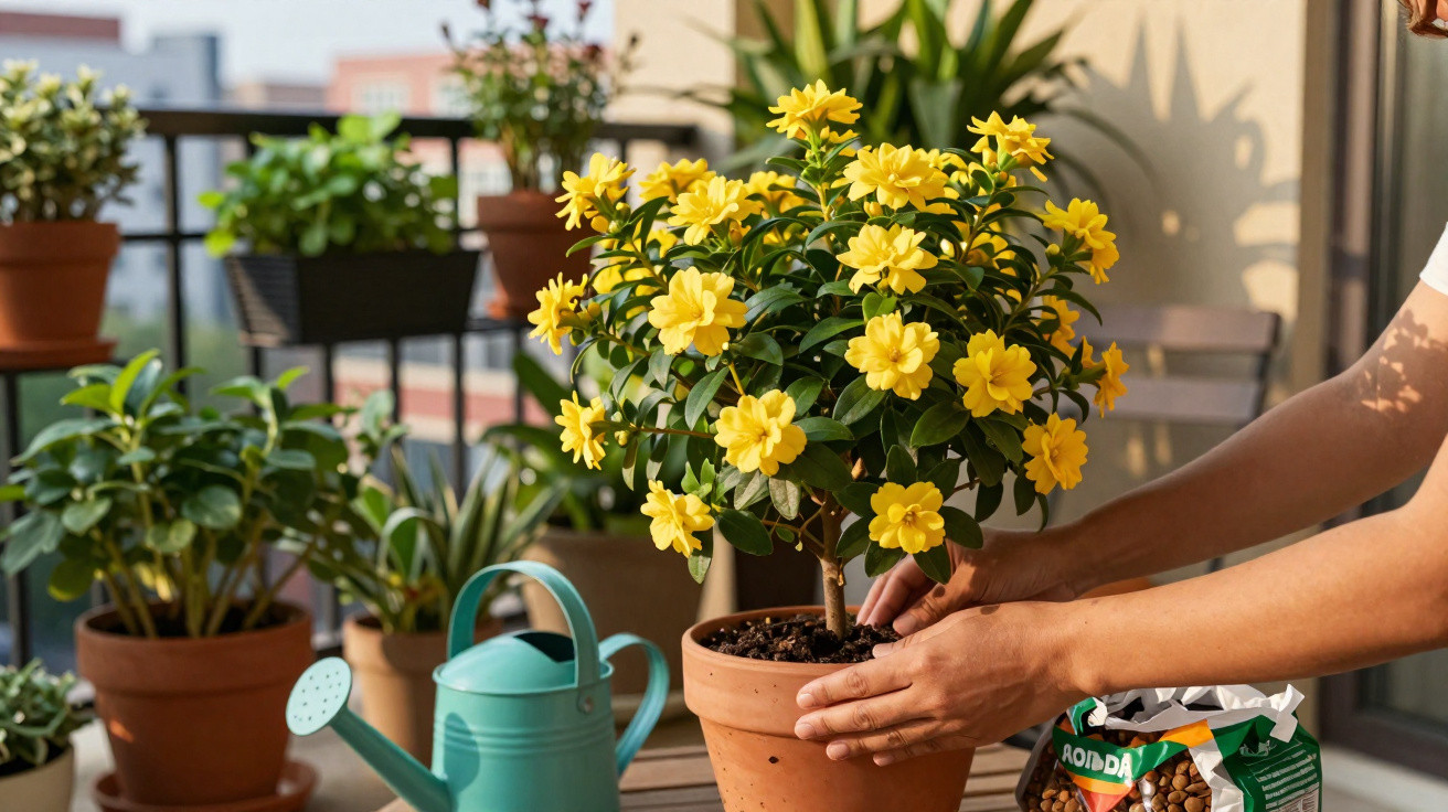 Pessoa a cuidar de planta com flores amarelas num vaso de barro numa varanda ensolarada.