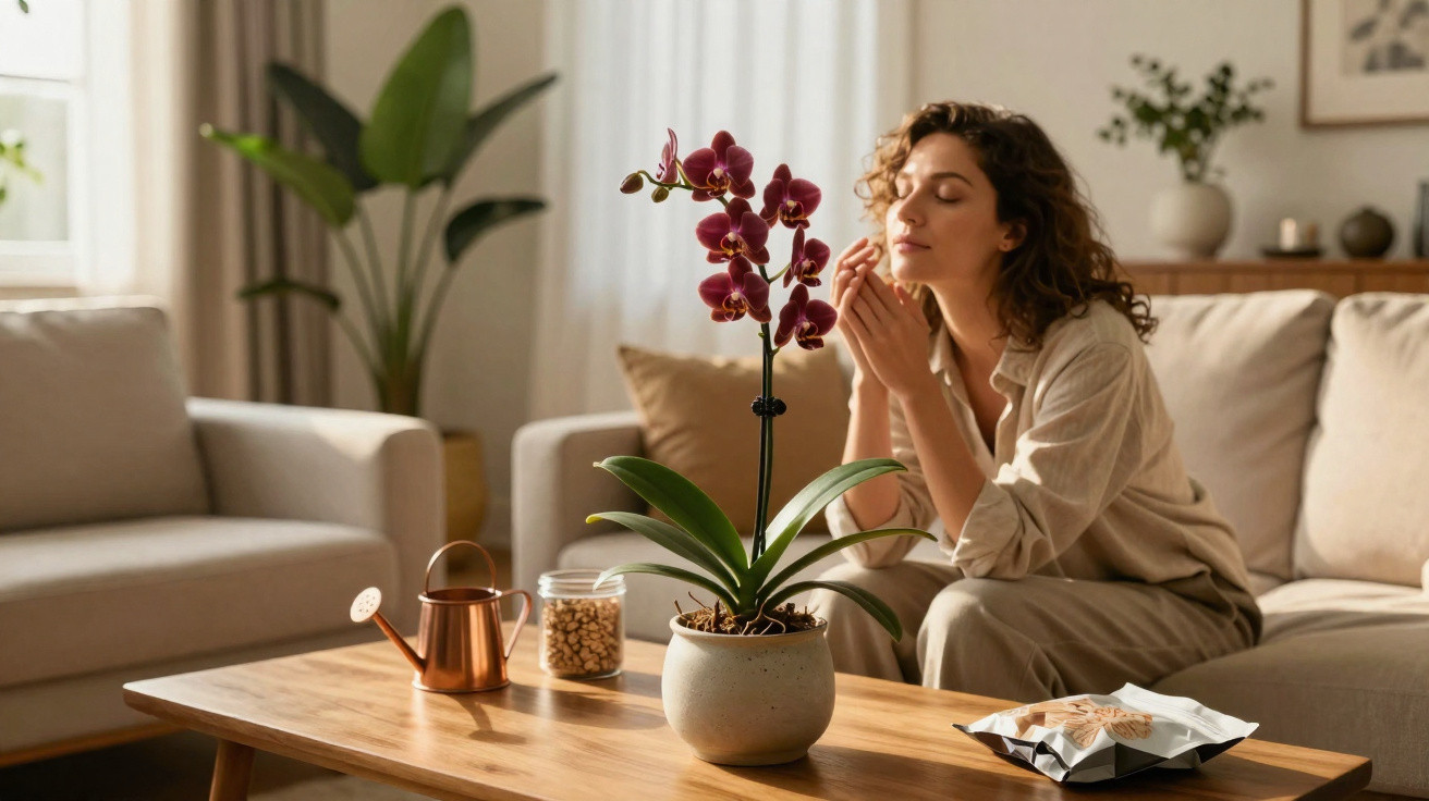 Mulher sentada no sofá a apreciar uma orquídea em vaso sobre uma mesa de madeira na sala iluminada.