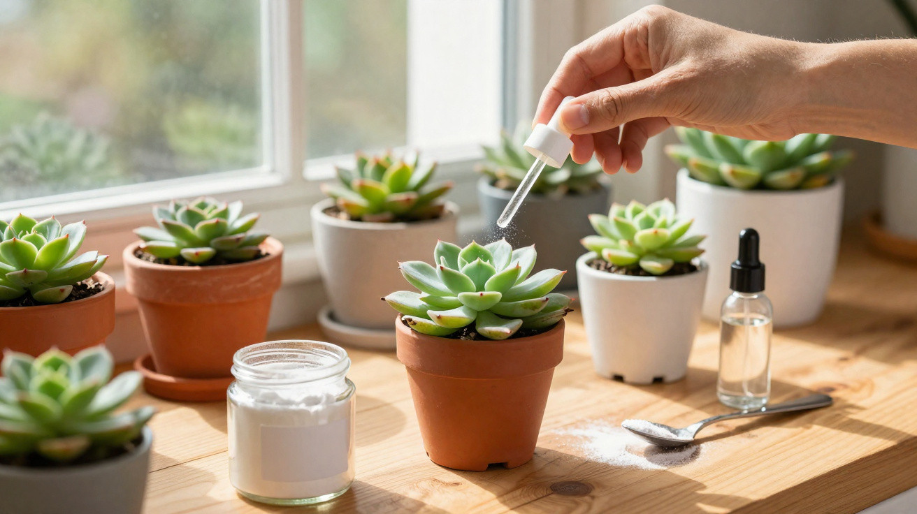 Pessoa a regar suculenta em vaso de barro com conta-gotas, várias plantas e frascos numa mesa de madeira.