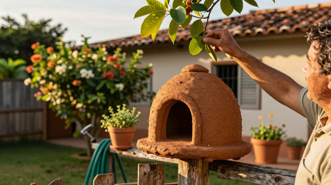 Pessoa a colocar tampa num forno de barro numa varanda com jardim e vasos de plantas ao fundo.