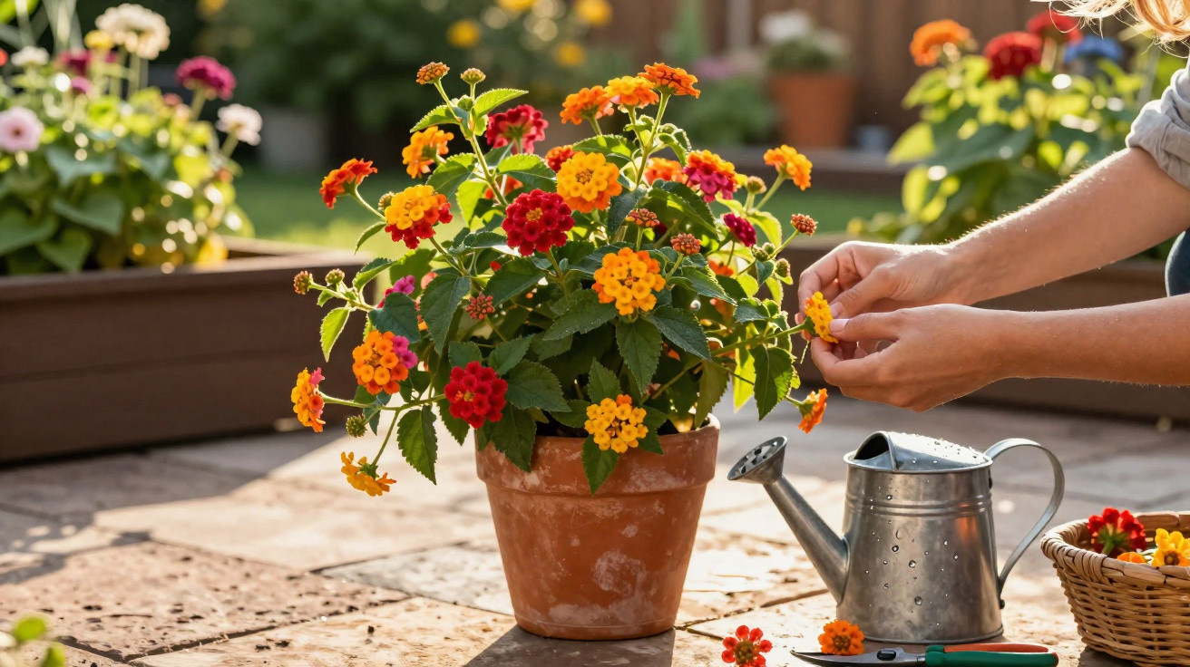 Vaso de flores coloridas numa varanda com uma pessoa a cuidar das plantas num dia ensolarado.