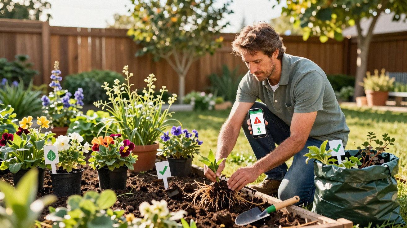 Homem a cuidar de plantas num jardim, com telemóvel e ferramentas de jardinagem ao lado.