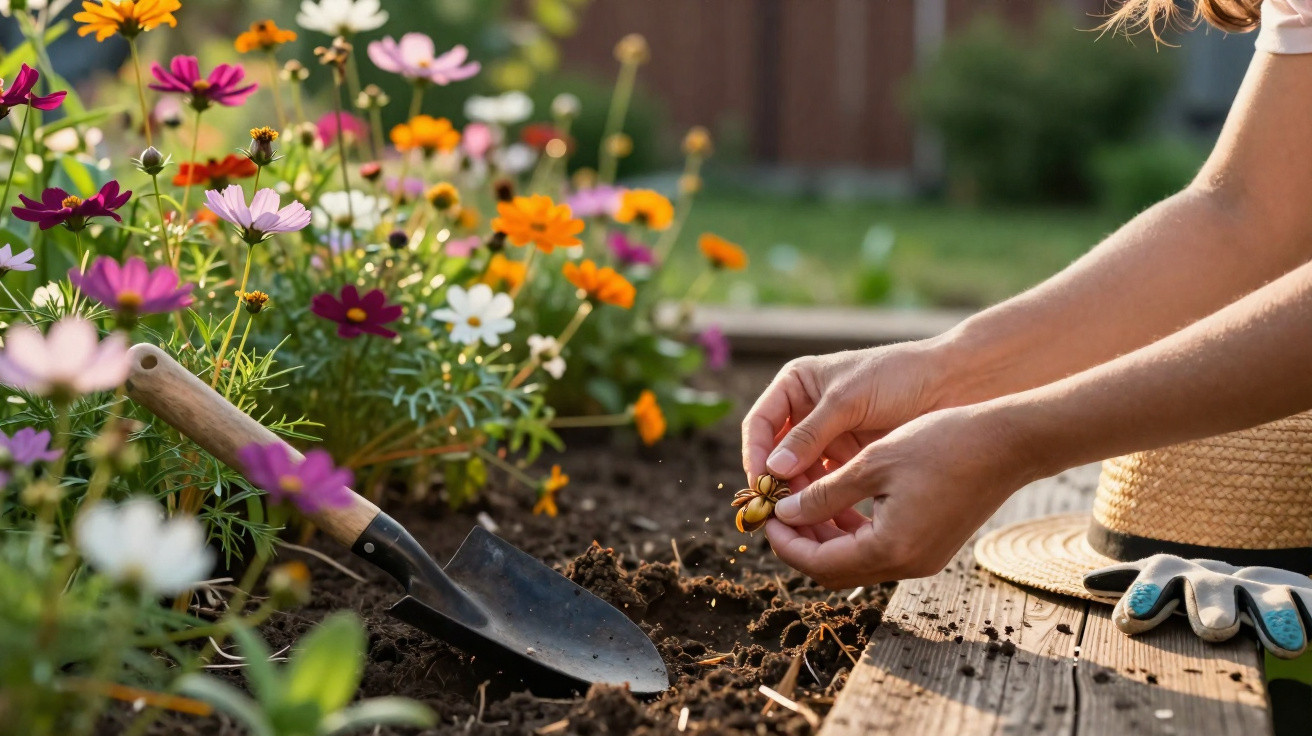 Mãos a plantar semente em terra junto a flores coloridas, com pá de jardinagem e luvas ao lado.