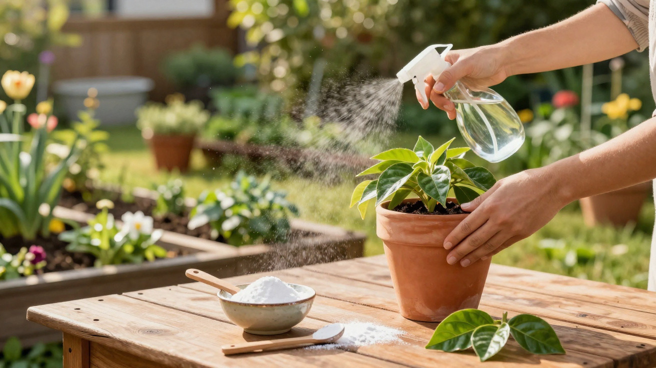 Pessoa a pulverizar água numa planta em vaso terracota num jardim ensolarado.
