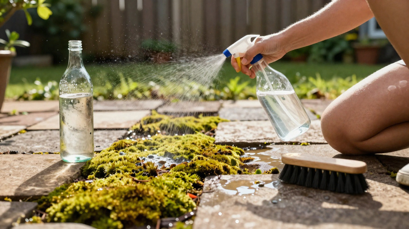 Pessoa a pulverizar solução caseira para remover musgo entre os tijolos do chão de um jardim.