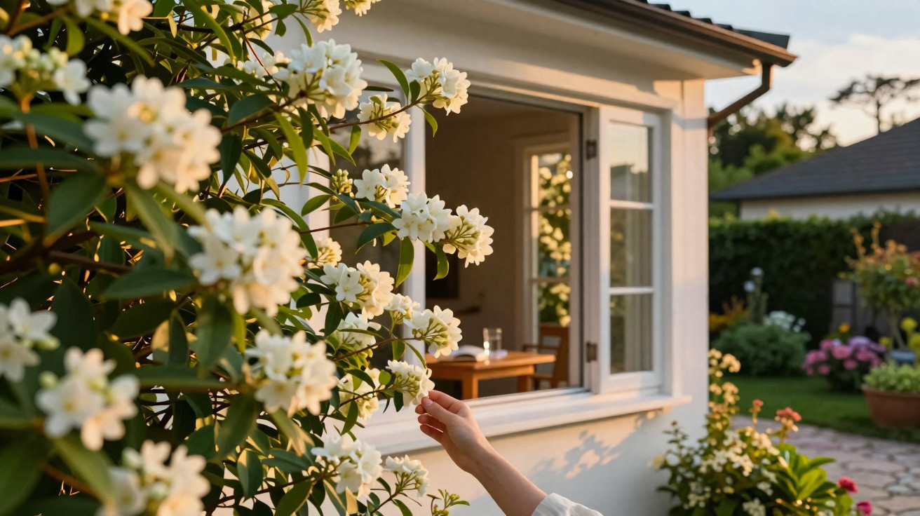 Mão toca flores brancas junto a janela aberta de casa com jardim e mobília visíveis ao fundo.