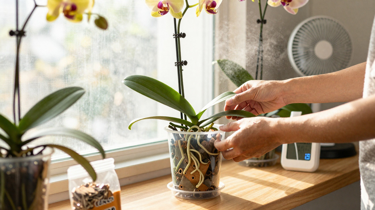 Mãos cuidam de orquídea em vaso transparente num parapeito de janela com luz natural.