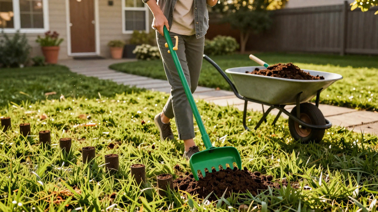 Pessoa a cavar terra num jardim com um ancinho verde e uma carriola cheia de terra ao lado.