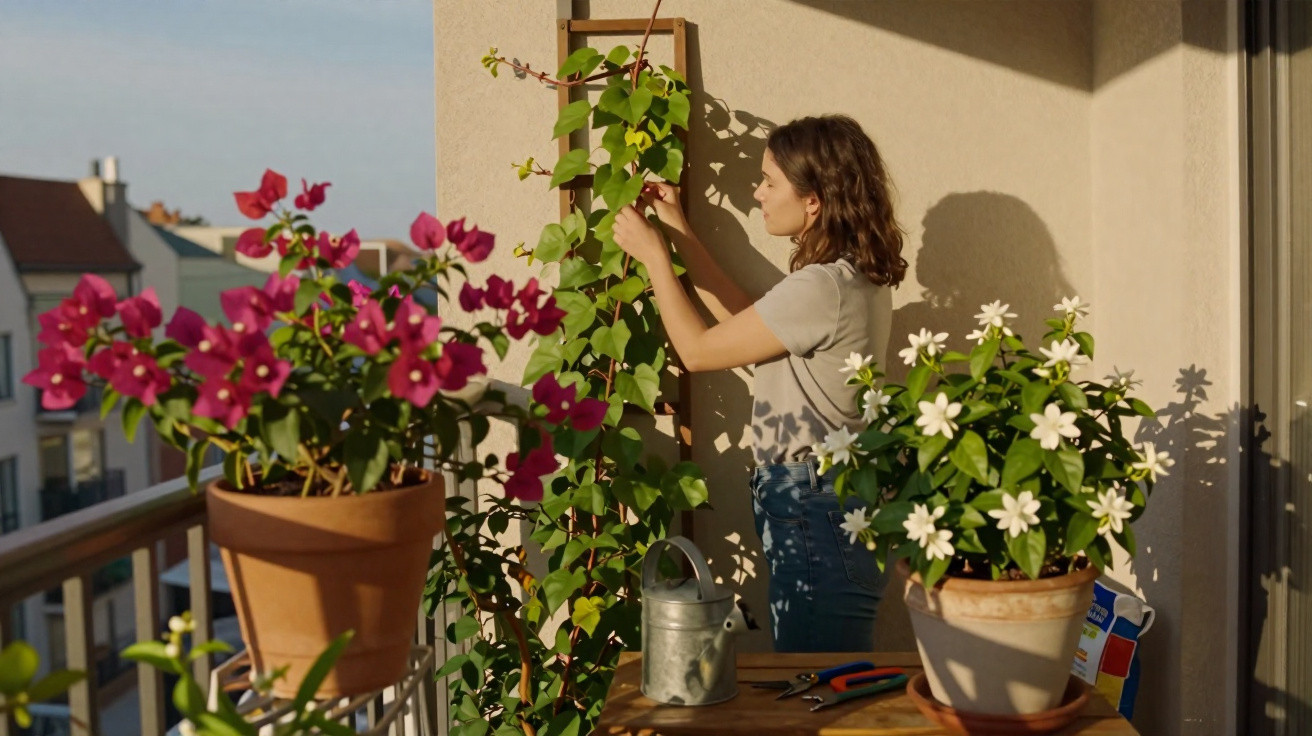 Mulher a cuidar de plantas num varandim ensolarado com flores cor de rosa e brancas em vasos.